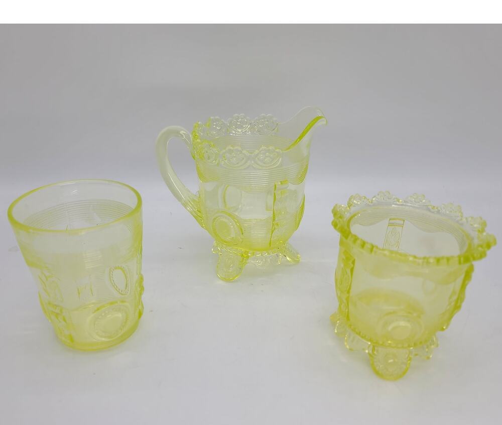 3 pc Indian Tumbler & Goblet Co. Greentown Vaseline Glass Dewey Pattern Glows!